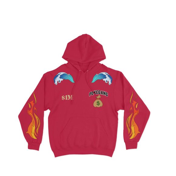 PokeGang Unisex Red Long Sleeve Side Kangaroo Pocket Pullover Soft Fleece Hoodie - Picture 1 of 8